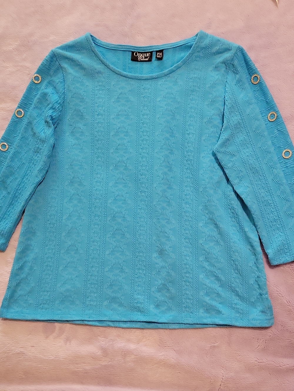 Onque Casual Turquoise Long Sleeve Knit Top with Sleeve Detail